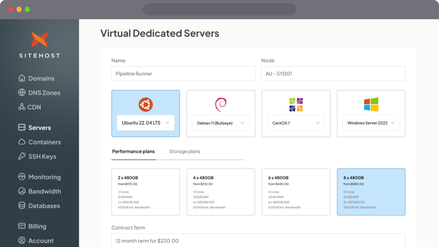 SiteHost control panel screenshot - new Virtual Dedicated Server.